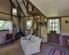 Living area of cabin with fireplace