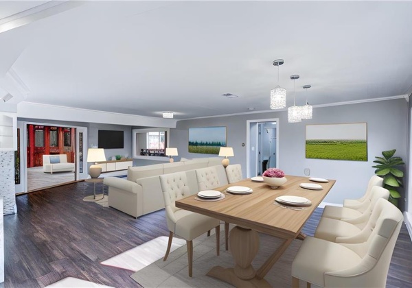 Kitchen area with new flooring, new lighting, plenty of natural light, perfect for entertaining