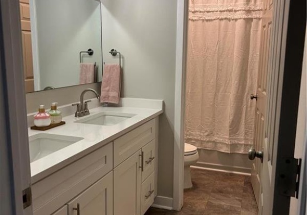 Double sinks in the hall bathroom with door, separating the vanity from tub and toilet