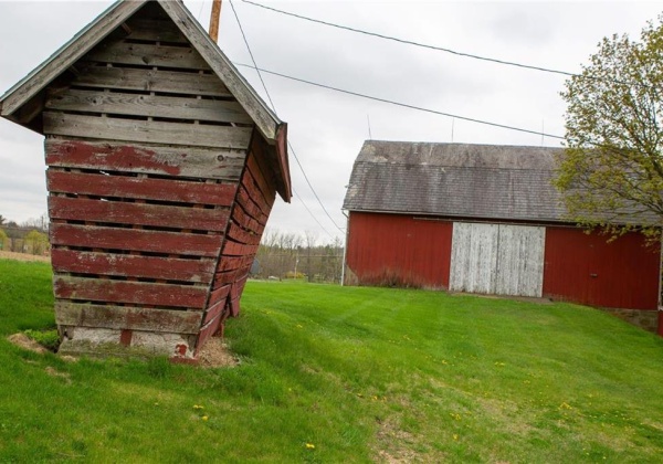 Corn crib & view of the upper entrance of the Bank Barn.